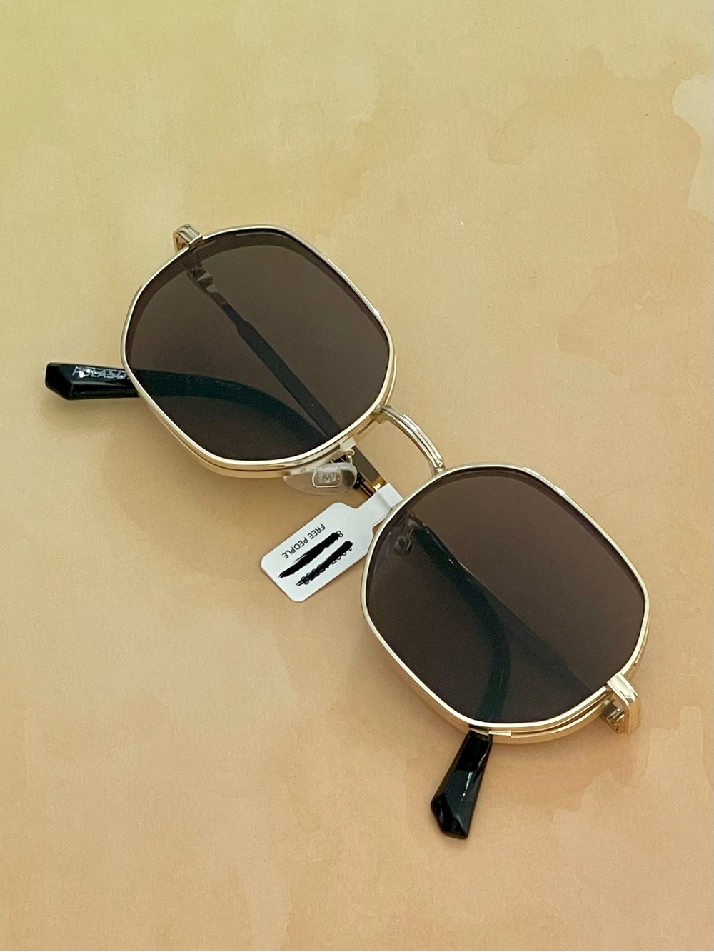 Free People Gold Doble Frame Black Lens Square-Rounded Sunglasses
